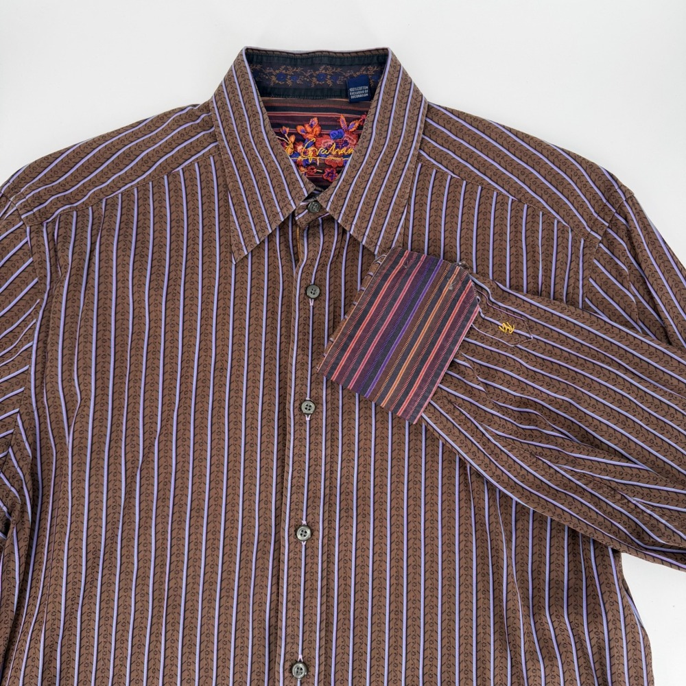 Robert Graham Brown Purple Striped 100% Cotton Button Down Shirt Mens SZ Large
